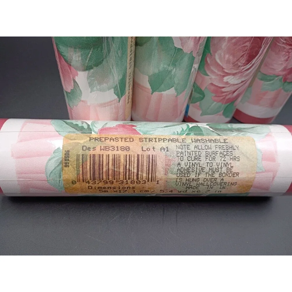 Vtg 1980s Wallpaper Border Mauve Roses Floral 5 Rolls 6.7